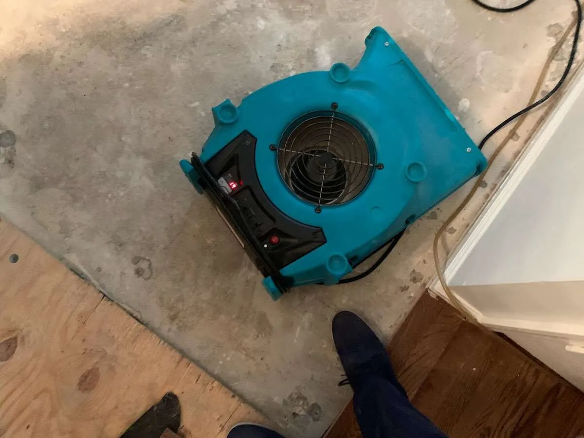 Air mover drying subfloor during Commercial Water Damage Restoration in Welcome